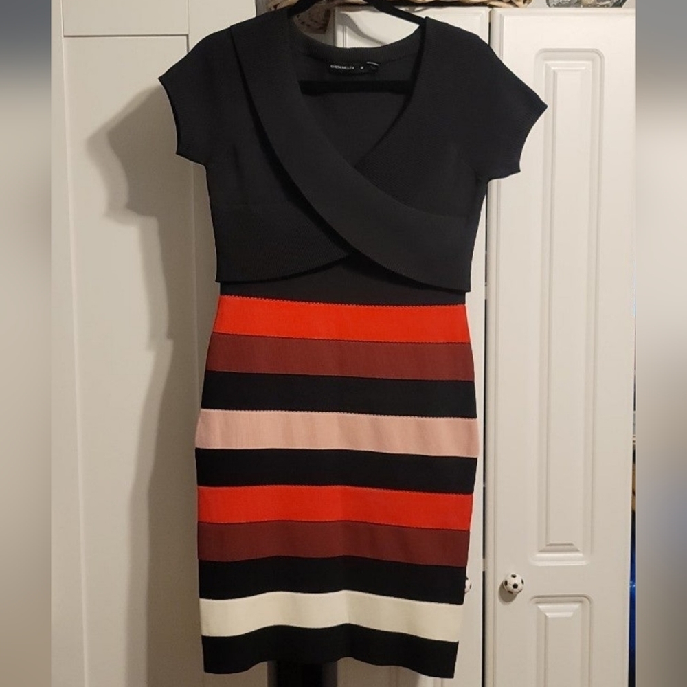 Karen Millen Women's Dress Black Multi Bandage Knit Stretch Midi Bodycon Sz Med